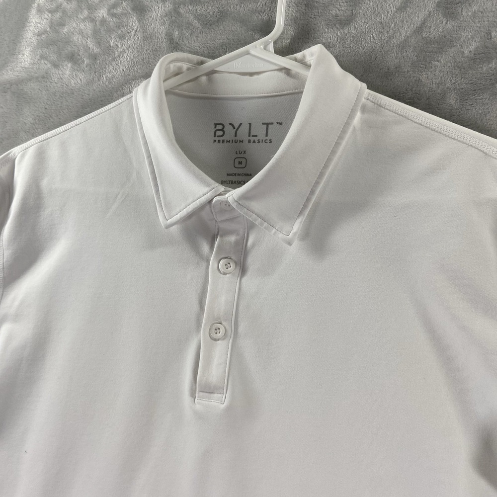 BYLT Shirt men's Medium Polo Long Sleeve Lux Drop Cut White Performance Pullover - Picture 3 of 12